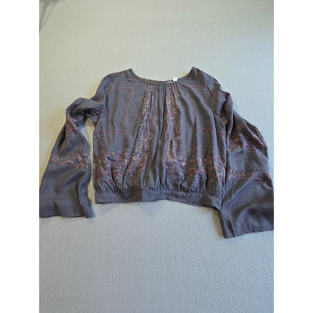 Melrose and Market Blouse Womens S Grey Pink Floral Bell Sleeve Tie Back Modal - Picture 1 of 7